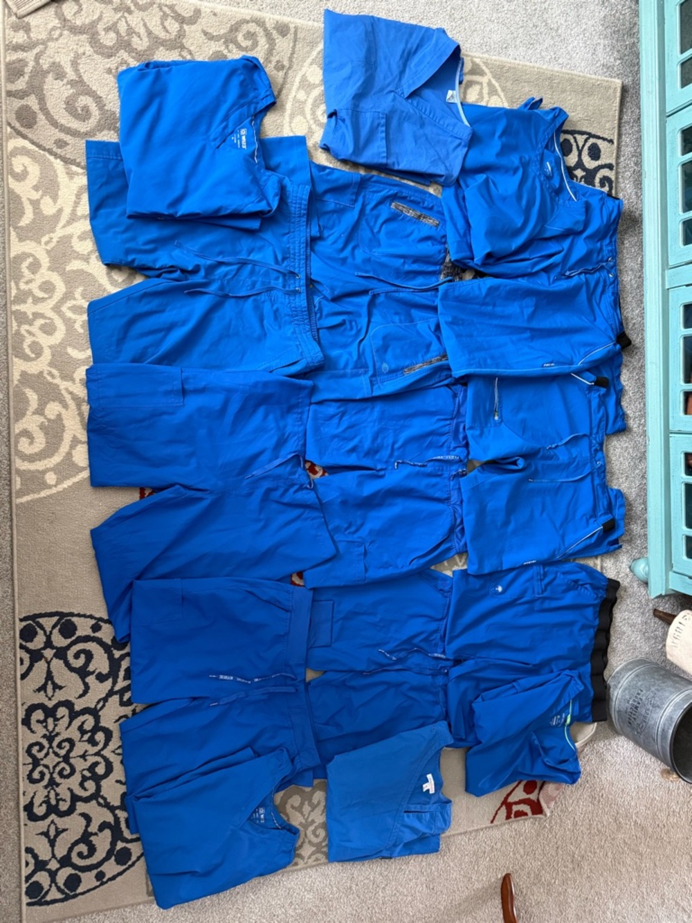 Lot of Bright Blue Medical Scrub Tops and Pants